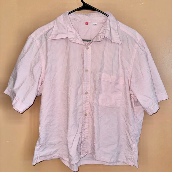 Uniqlo Men's Box Crop Short Sleeve Polo Tee T-Shirt in Pink - Size Large - Picture 1 of 9